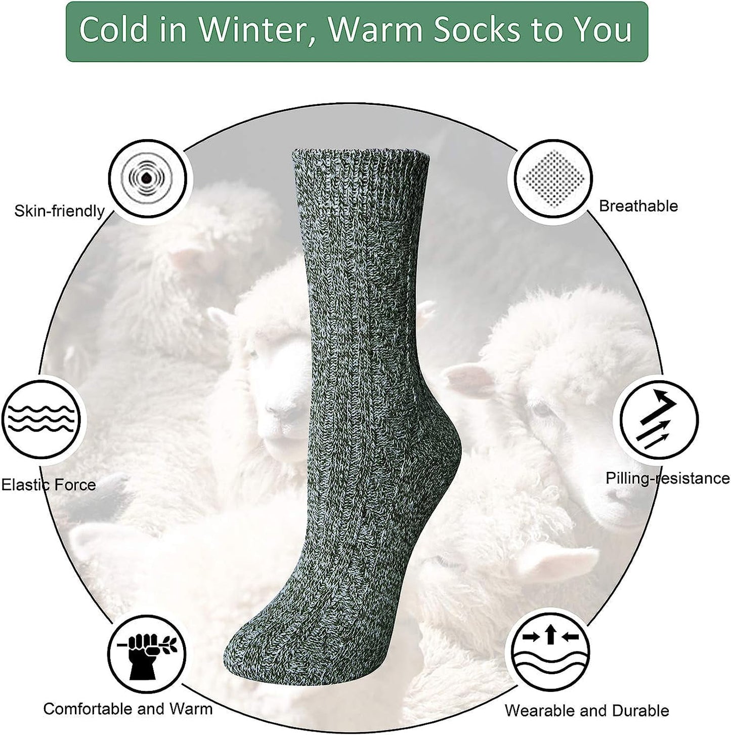 Loritta 5 Pairs Warm Wool Socks for Women, Thick Knit Thermal Crew Winter Warm Socks Size 6-9